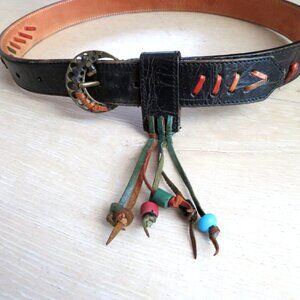 Vintage 80s Carlos Falchi Leather Belt Black Embossed Womens Small 32" USA Made